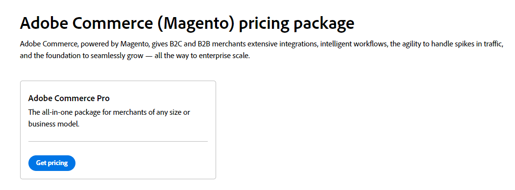 A screenshot of Adobe Commerce pricing package quote link.