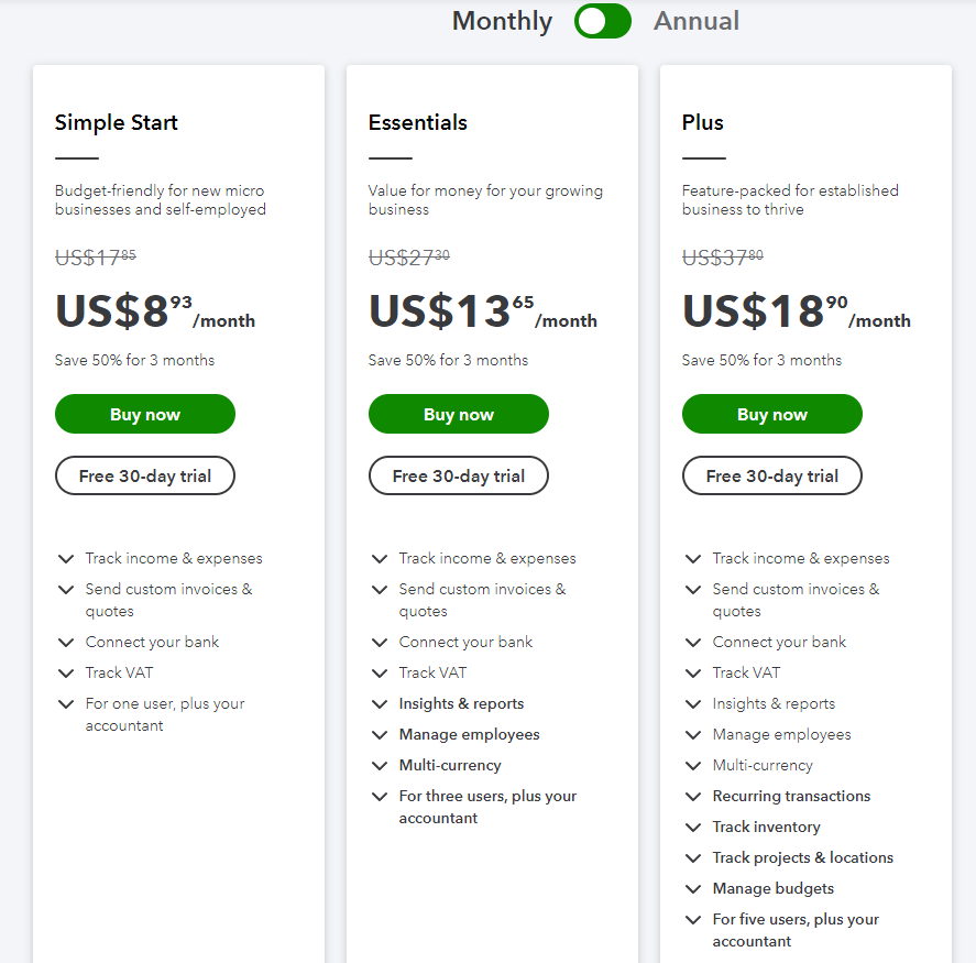 A screenshot of Intuit Quickbooks payment and pricing options