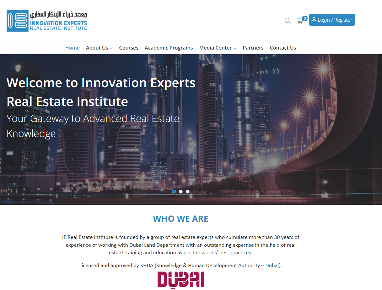 A screenshot of Innovation Experts Real Estate Institute (IEREI)- the best way to get your training for your real estate licence in Dubai.