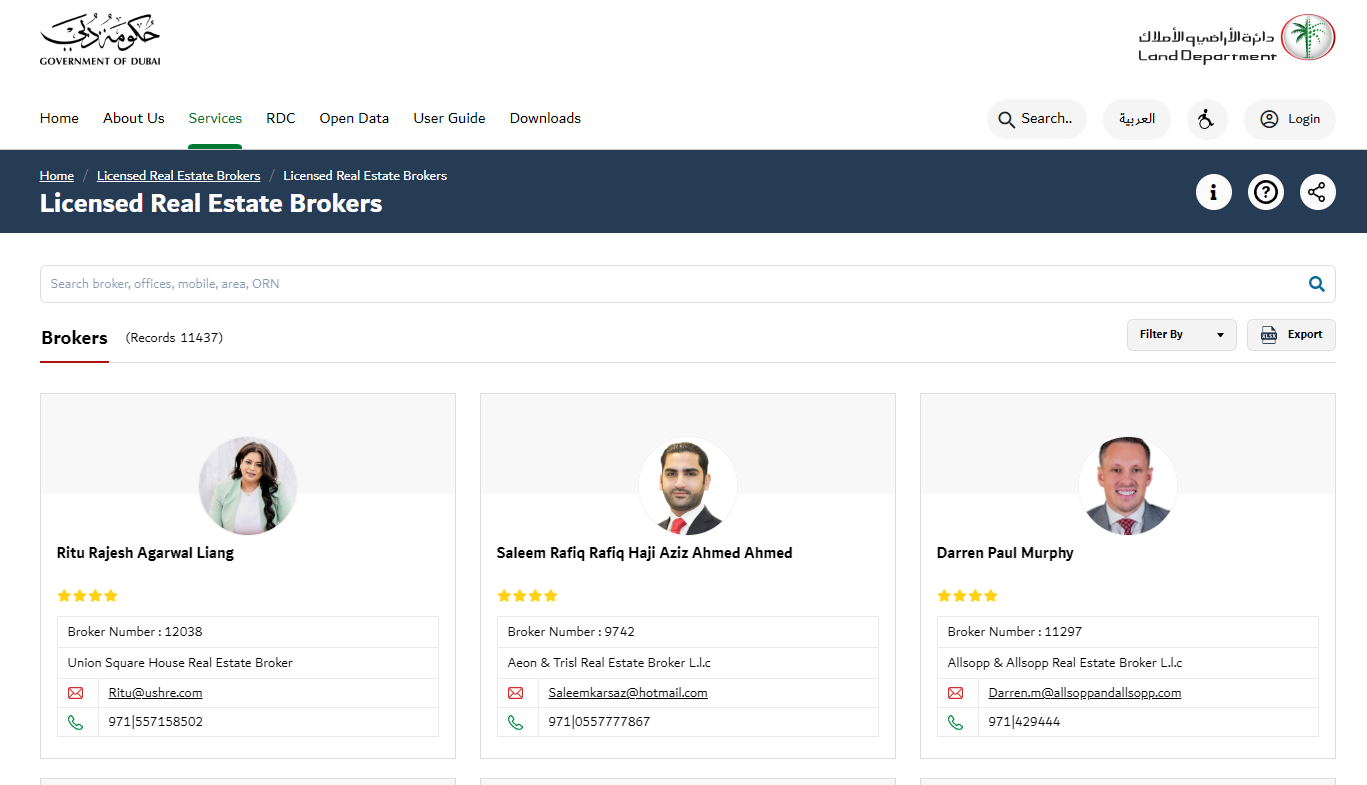 A screenshot of licences real estate brokers in Dubai. 