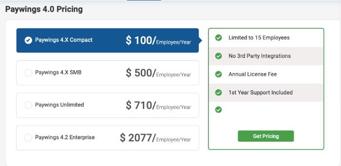 A screenshot of Paywings Payroll pricing options.
